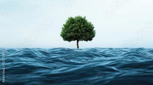 Seascape abstract background idea. A solitary tree stands proudly amidst the vast ocean waves, symbolizing resilience.