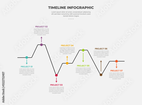 timeline infographic outline style with 7 point template with line heartbeat line pointer up and down for slide presentation