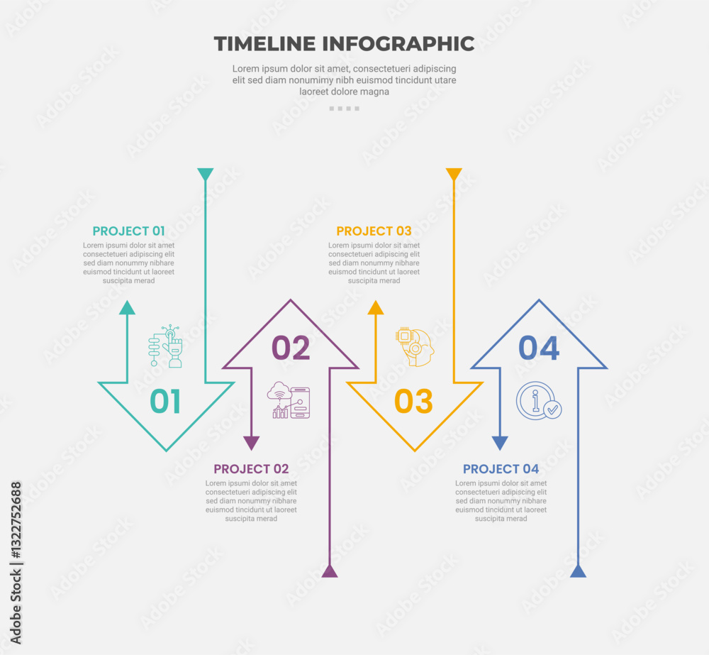 Fototapeta premium timeline infographic outline style with 4 point template with creative arrow container up and down balance for slide presentation