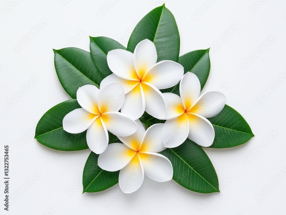 Fototapeta premium A vibrant arrangement of white and yellow plumeria flowers on green leaves