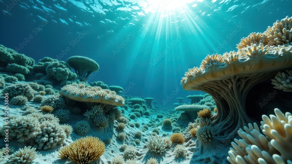 Naklejka premium Sunlight shining on a severely bleached coral reef with damaged marine ecosystem