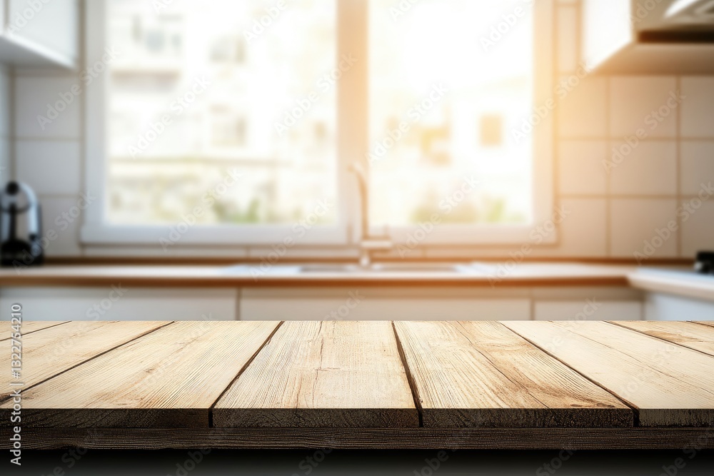 Modern kitchen countertop with a view. Wooden surface ready for display Modern kitchen countertop with a view. Wooden surface ready for display