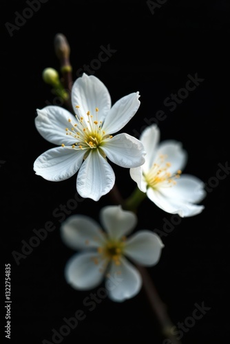 Delicate white blossoms, stark black backdrop , contrast, isolated, summer