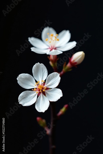 Delicate white blossoms, stark black backdrop , texture, purity