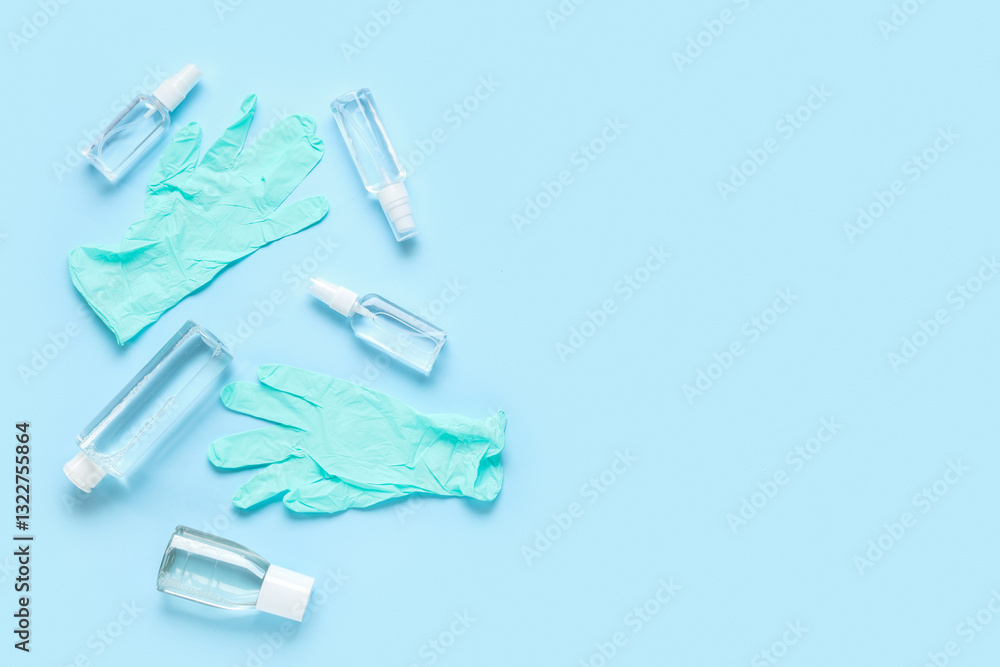 Rubber gloves with different bottles of sanitizers on blue background Rubber gloves with different bottles of sanitizers on blue background