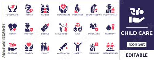 Flat child care and kid rights icon set featuring parenting, child safety, education, international children's day, and family support symbols.