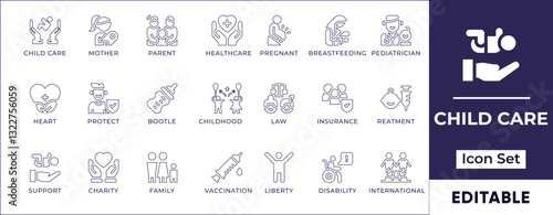 Flat child care line icon set and kid rights icon set featuring parenting, child safety, education, international children's day, and family support symbols.