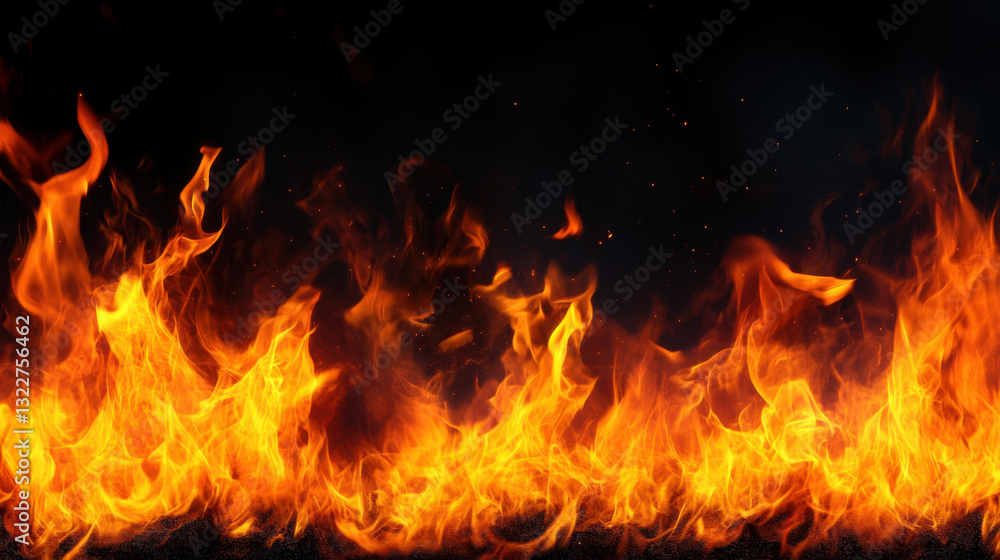 © Keopaserth - Flames of fire dancing against black background, creating dramatic and intense visual. vibrant orange and yellow hues evoke warmth and energy, captivating viewer attention