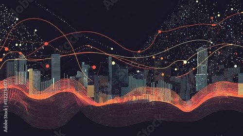 The abstract representation a smart city with interconnected dots gradient lines and waves illustrating big data flow