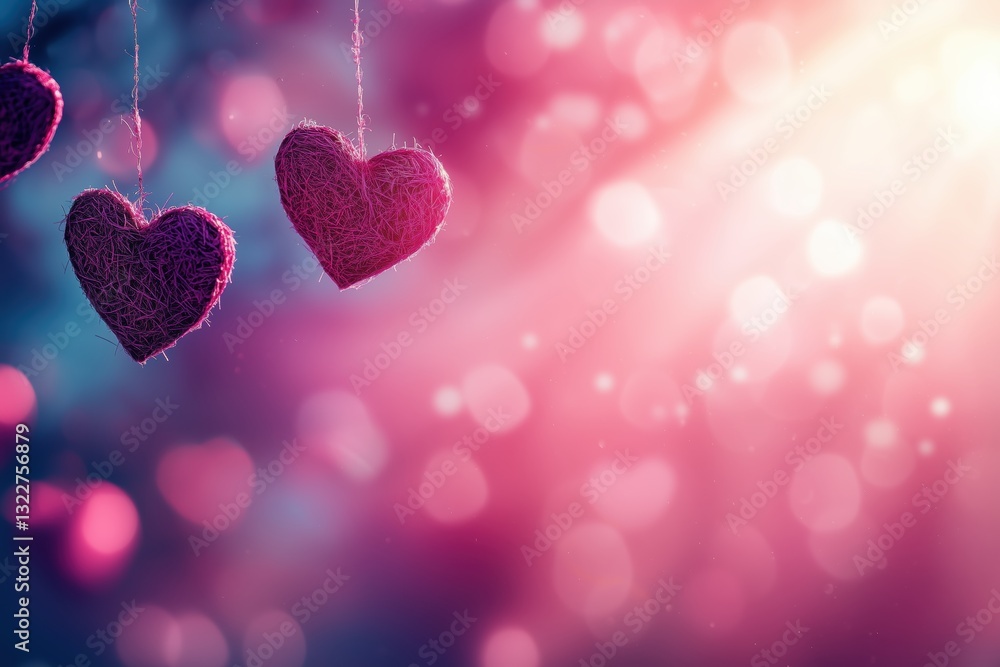 Romantic minimalist bokeh hearts hanging from strings against a deep red gradient background creating a dreamy effect Romantic minimalist bokeh hearts hanging from strings against a deep red gradient background creating a dreamy effect