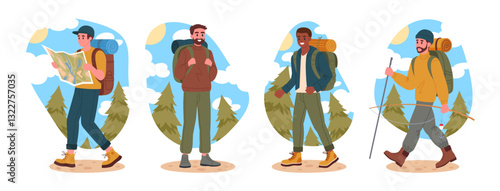Hiking male tourists. Walking man group, trekking and backpacking characters outdoor adventure flat vector illustration set. Active guys hiking on wild nature trail