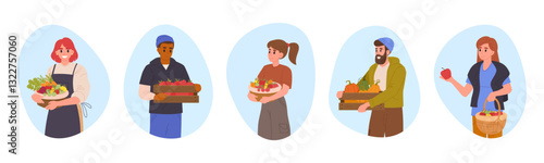 Farm workers with harvesting crop. Cartoon agricultural people carrying baskets and boxes with with harvest, fresh fruits and vegetables flat vector illustration set. Farmers characters