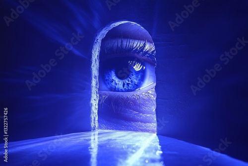 Eye peering through a blue-lit doorway with a surreal atmosphere and captivating reflections