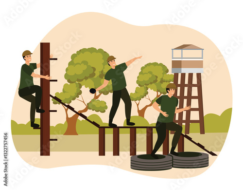 Military camp and training of soldiers.