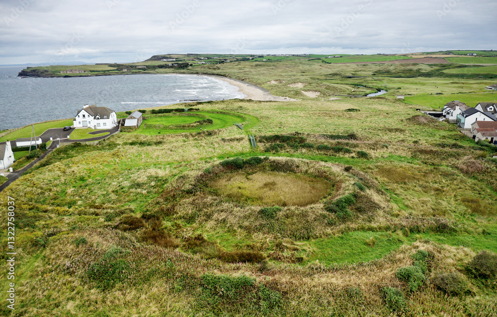 Lissanduff Earthworks at Portballintrae, N. Ireland. Twin Bronze Age or Iron Age enclosures. Near enclosure is wet and holds a natural spring