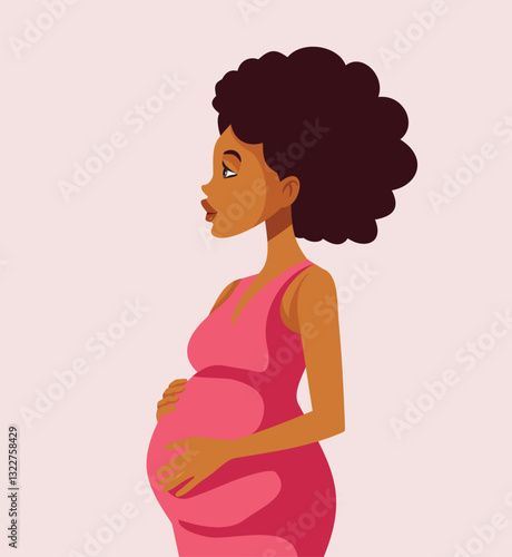 Pregnant Woman Caressing Her Baby Bump Vector Illustration. Side view of a mother to be touching her belling feeling baby kicks 
