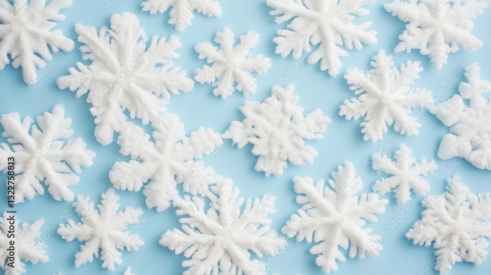 Delicate white snowflakes are arranged randomly against a soft blue background, evoking a serene winter ambiance ideal for seasonal decor Delicate white snowflakes are arranged randomly against a soft blue background, evoking a serene winter ambiance ideal for seasonal decor