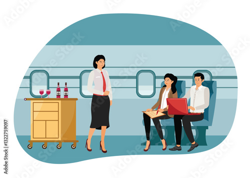 Flight attendants help passenger in airplane.