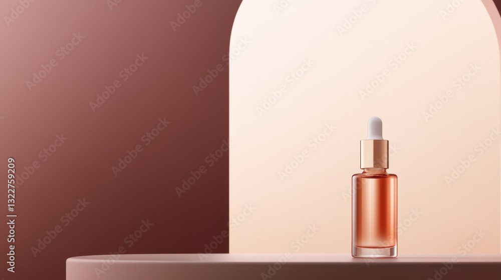 serum bottle elegantly displayed on minimalist pedestal, showcasing its sleek design and warm tones in soft, cinematic lighting serum bottle elegantly displayed on minimalist pedestal, showcasing its sleek design and warm tones in soft, cinematic lighting