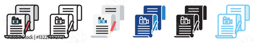 Movie Script multi style, mini illustration icon set. outline, flat, glyph, line color, UI, UX, app and web, digital or print. related to movie, cinema, entertainment.