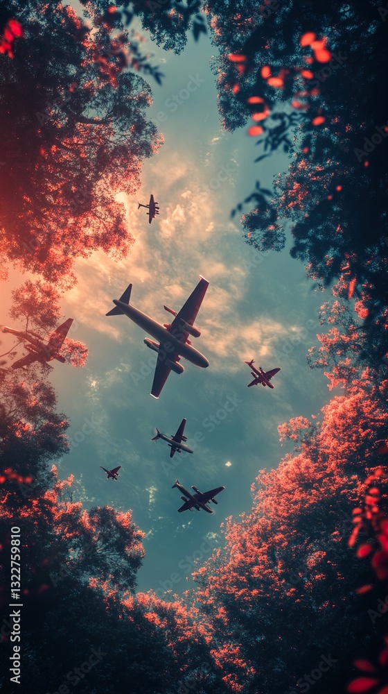 Naklejka premium Airplanes over autumn forest: A surreal sunset flight