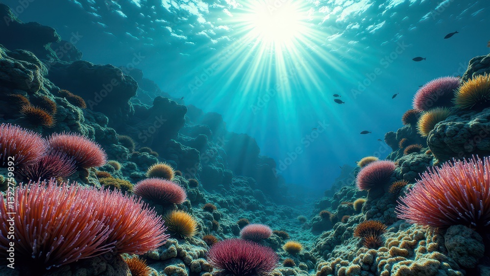 Obraz premium Underwater scene of a vibrant coral reef with colorful corals and sun rays 