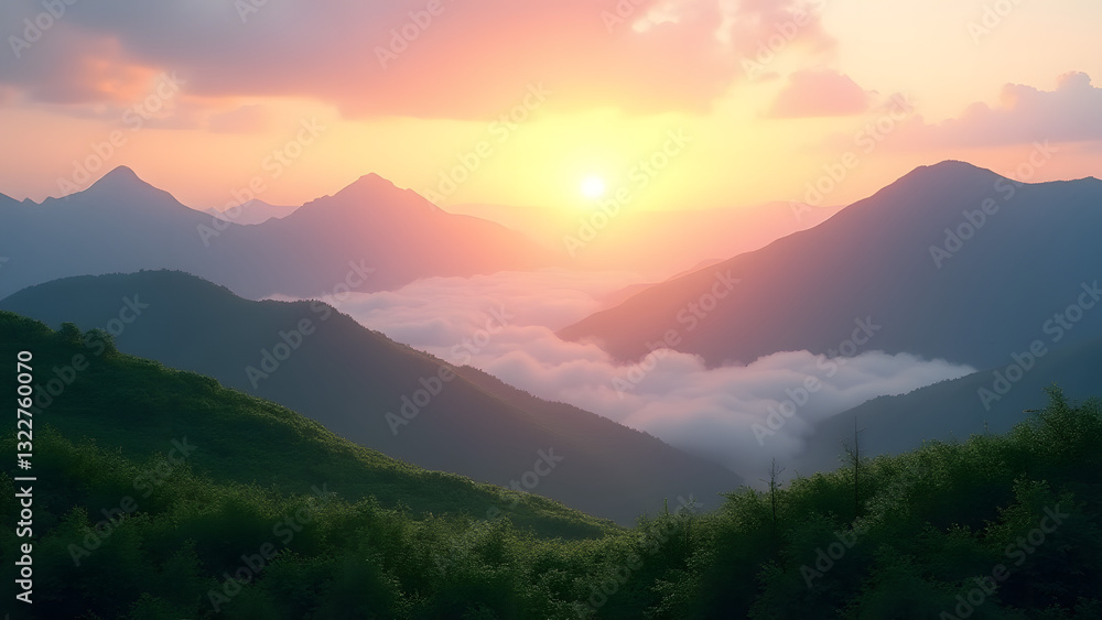 Obraz premium A stunning mountain landscape at sunrise, with lush green hills and majestic peaks. Soft hues of orange and pink fill the sky, while mist blankets the valleys, creating a serene atmosphere.
