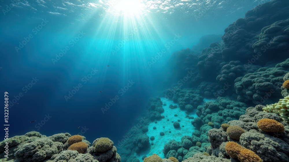 Naklejka premium Sunlight streaming through clear ocean water over a coral reef ecosystem 