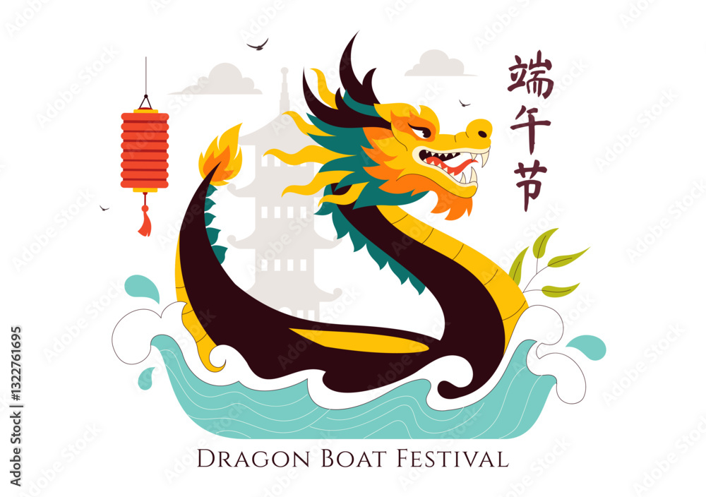 Fototapeta premium Duanwu Translation: Dragon Boat Festival Vector Illustration featuring a Dragon Boat Race on the River, Participated by Several People in a Background