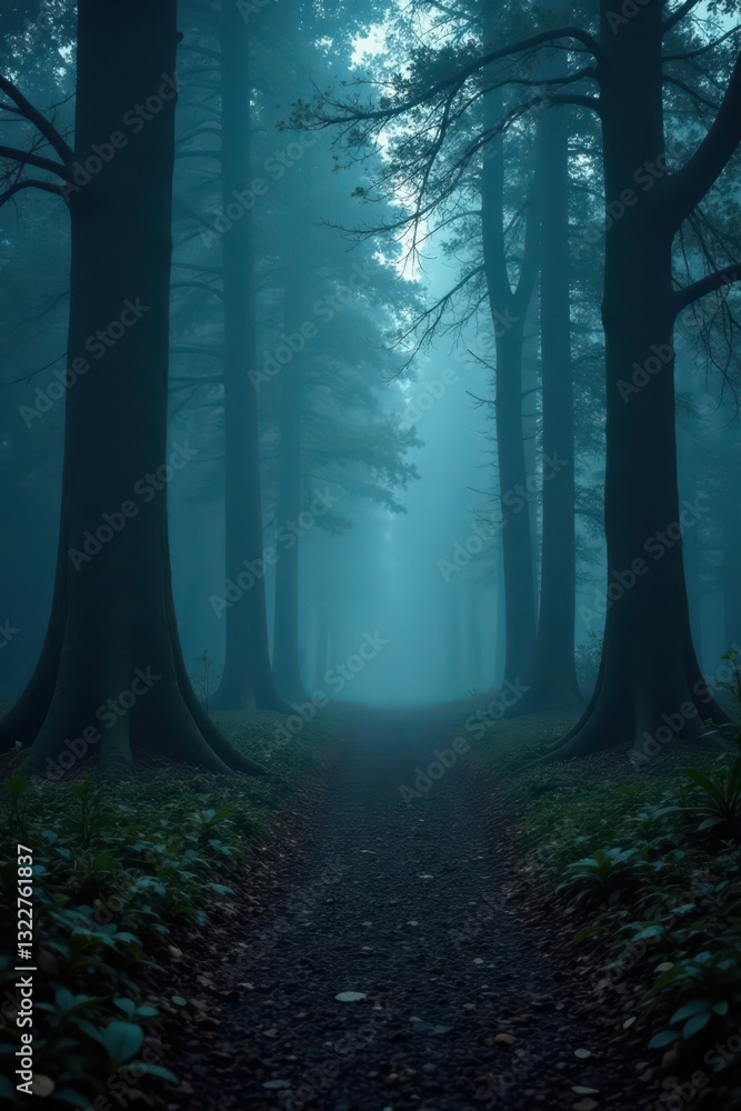 Fototapeta premium Dark, mystical forest path Thick fog shrouds ancient trees, eerie glow , pathway, fantasy, night