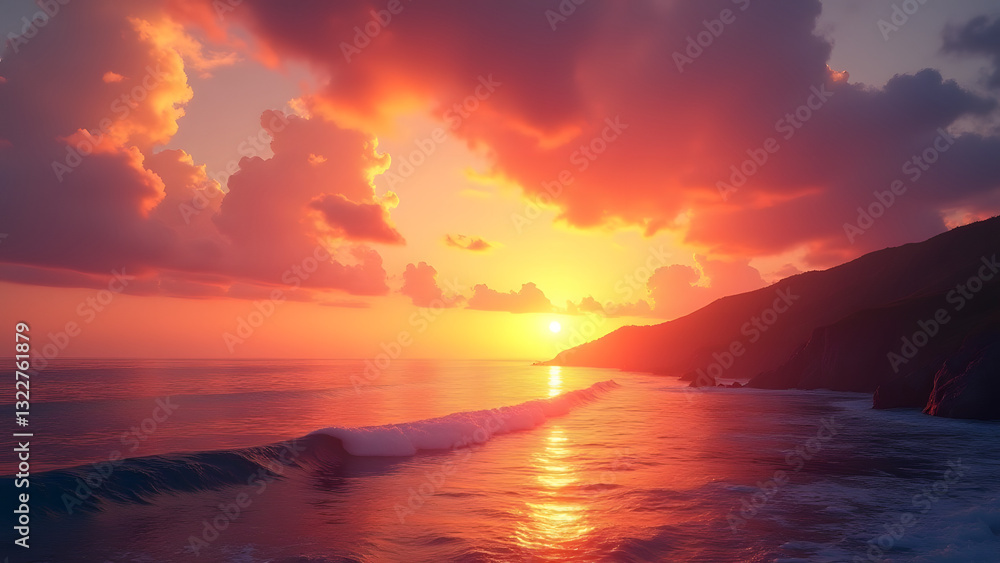 Fototapeta premium A vibrant sunset over the ocean, with dramatic clouds in shades of orange, red, and purple. Gentle waves reflect the colors, creating a serene and tranquil coastal scene.