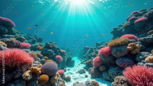 Wallpaper Mural Sunlight streaming through ocean water onto a colorful coral reef ecosystem	 Torontodigital.ca