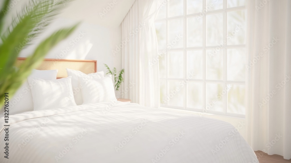 Soft sunlight floods the cozy bedroom with a white bed, creating a serene atmosphere filled with greenery and calmness Soft sunlight floods the cozy bedroom with a white bed, creating a serene atmosphere filled with greenery and calmness