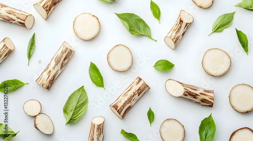 Racine de manioc coupée et feuilles fraîches isolées sur fond blanc. American food