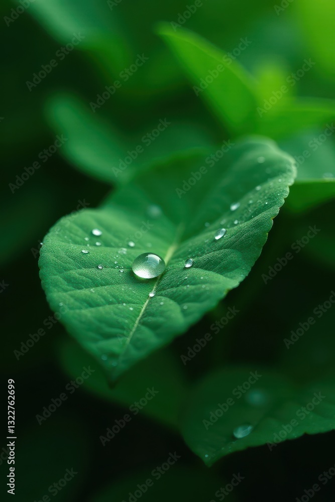 Deep emerald foliage, single large dewdrop reflects light , detail, shiny, glossy Deep emerald foliage, single large dewdrop reflects light , detail, shiny, glossy