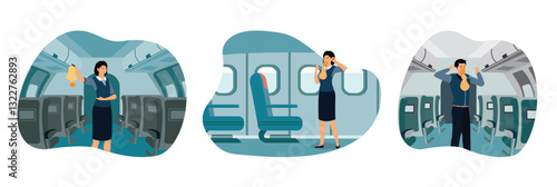 Safety demonstration by flight attendant.  Cabin crew safety demonstration. Demonstration for passengers.