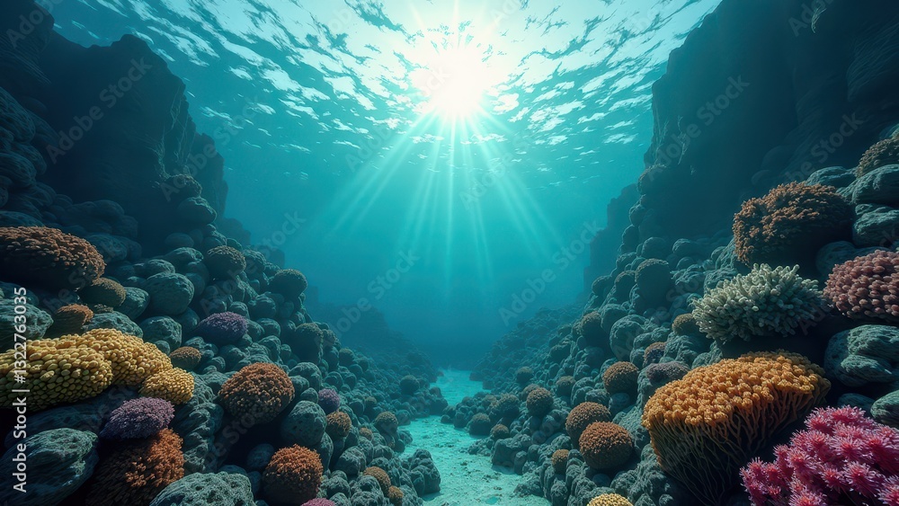 Fototapeta premium Sunlight shining through ocean water onto a coral reef affected by bleaching 