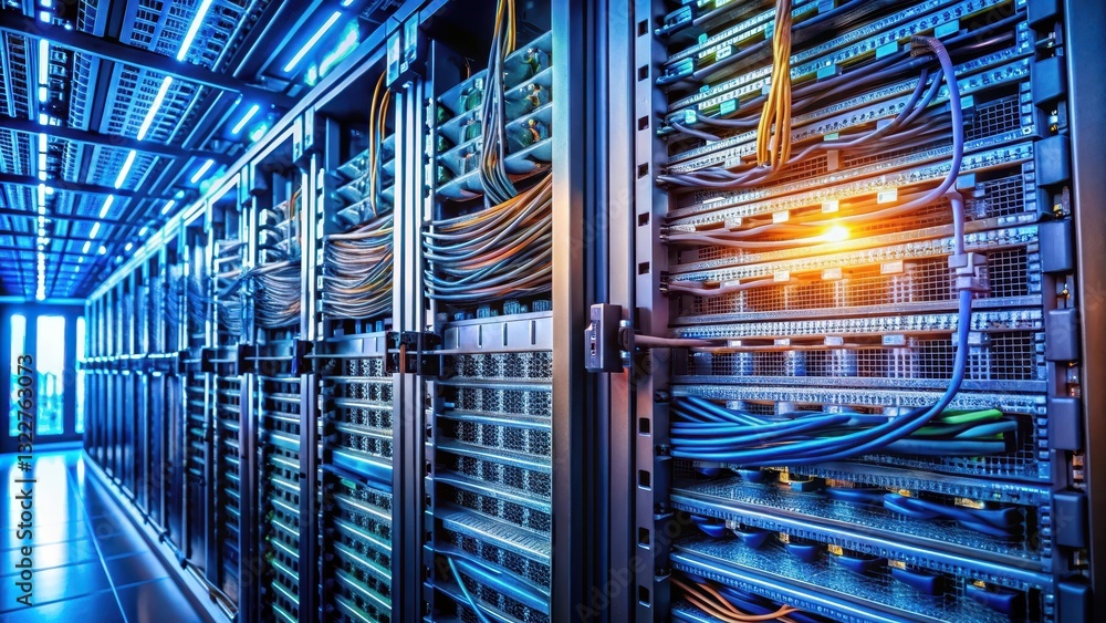 Low angle shot of binary code on a server rack, with cables and wires in the background, tech storage, digital electronics Low angle shot of binary code on a server rack, with cables and wires in the background, tech storage, digital electronics