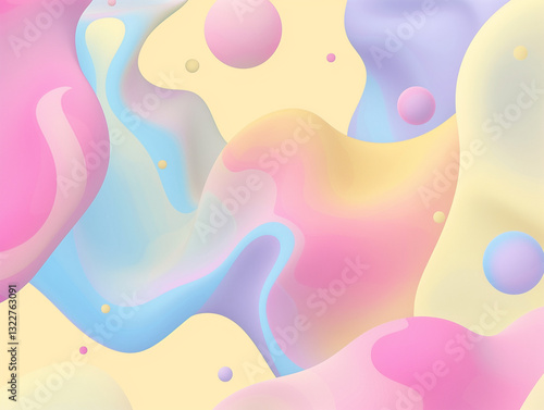 Abstract fluid blobs in pastel gradients (pink, blue, and yellow), floating on a light gray background. The design is soft, minimal, and playful.