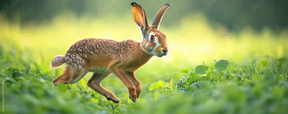 Obraz premium A brown rabbit runs through vibrant green grassy field