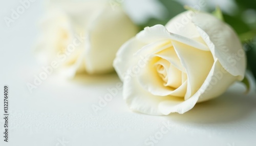 Delicate white roses, soft focus, pure white backdrop, romance, light