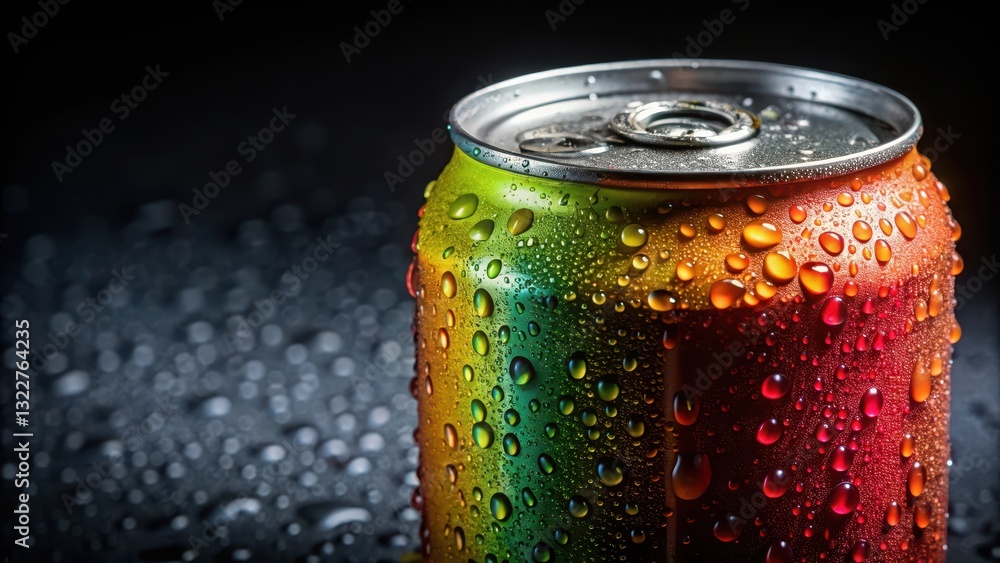 A brightly colored soda can with condensation droplets on a dark background, creating a visually appealing contrast between the wet and dry surfaces , soda can, liquid droplets A brightly colored soda can with condensation droplets on a dark background, creating a visually appealing contrast between the wet and dry surfaces , soda can, liquid droplets
