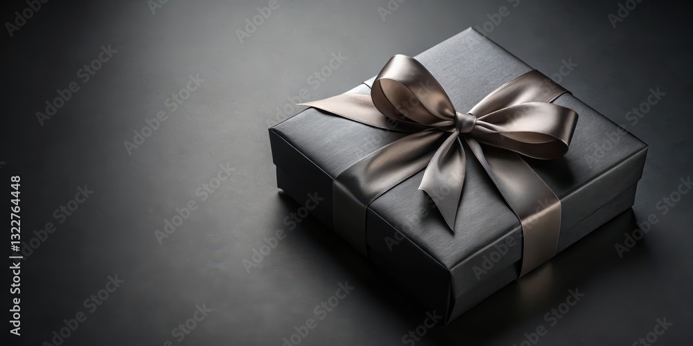Fototapeta premium Luxurious black gift box adorned with a sleek elegant ribbon atop a dark mysterious background for Black Friday promotion display, packaging,