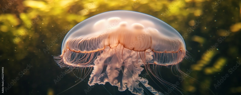 A beautiful jellyfish floating gently in the deep ocean waters A beautiful jellyfish floating gently in the deep ocean waters