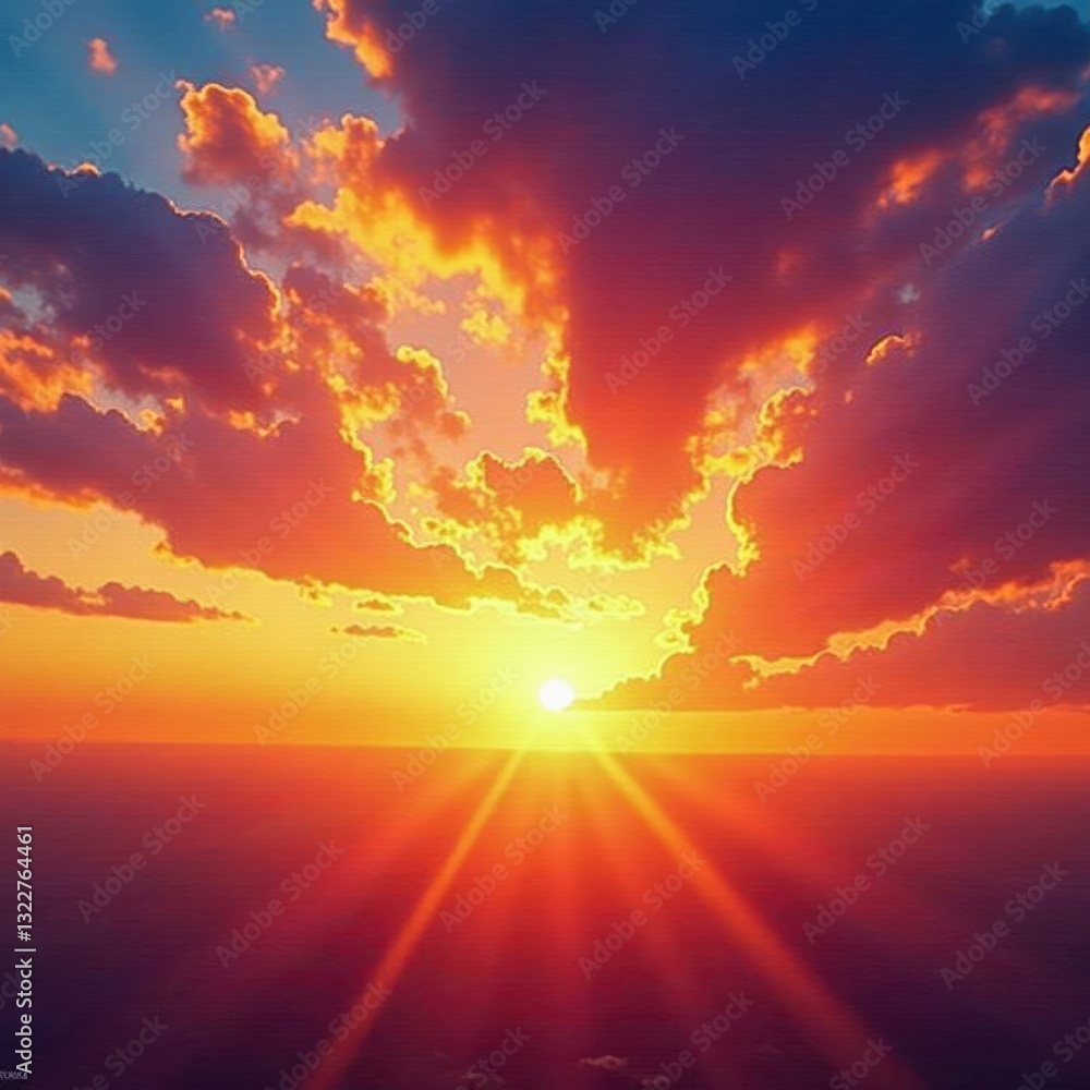 Fototapeta premium Dramatic sunset, vibrant clouds, colorful sky, textured background , fiery, evening