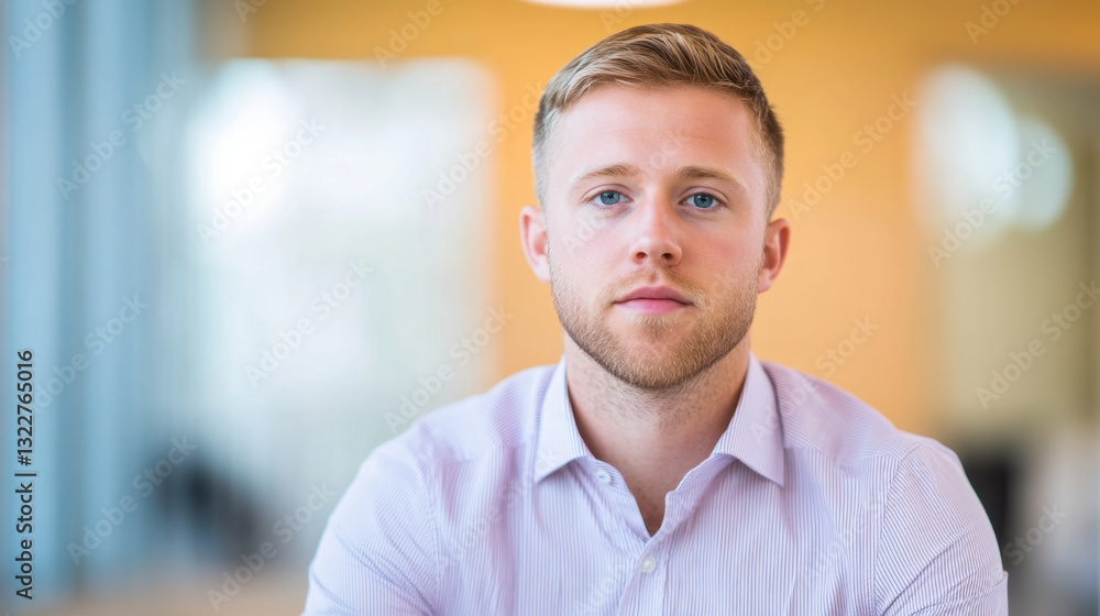 Obraz premium young man in light purple shirt sits confidently in office setting, exuding professionalism and focus. background features soft, blurred colors, enhancing corporate atmosphere