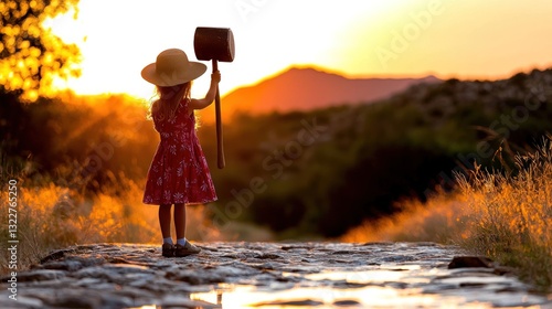 A young girl holds a mallet up in the beautiful golden sunset