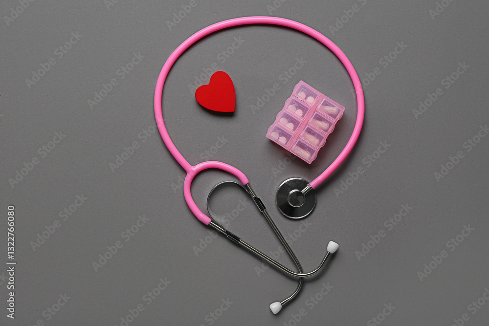 Pills, toy heart and stethoscope on grey background Pills, toy heart and stethoscope on grey background