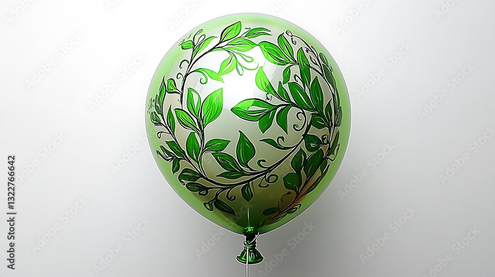 A green balloon decorated with leaves and vines floating elegantly A green balloon decorated with leaves and vines floating elegantly