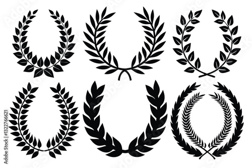 Set of black and white silhouette circular laurel foliate and wheat wreaths depicting an award achievement photo